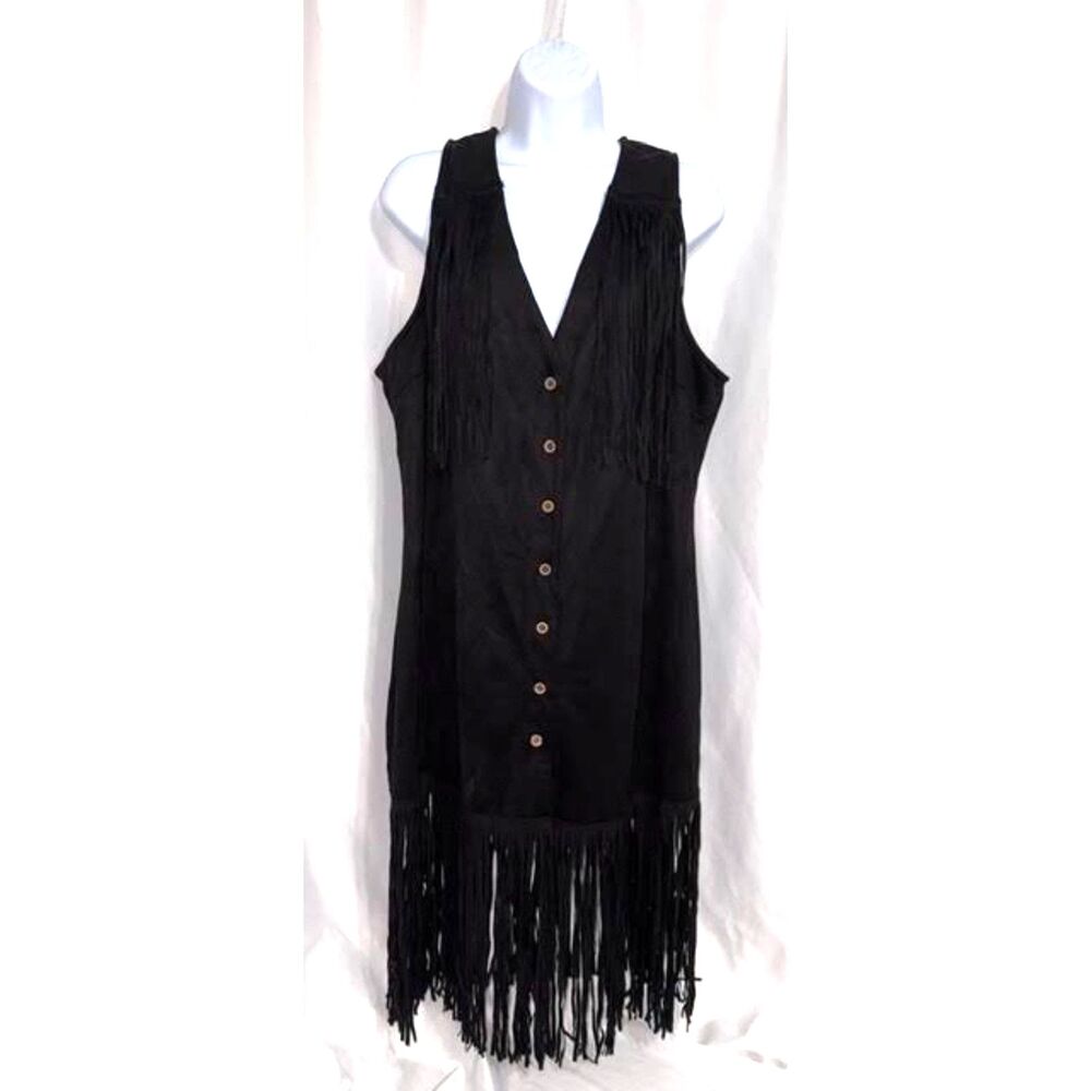 Ultimate Black Western Boho Vibe Faux Suede Fringe Vest Dress Cowgirl